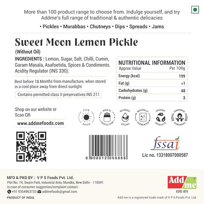 Back label of Sweet Moon Lemon Pickle with ingredients, nutritional information, and branding details.