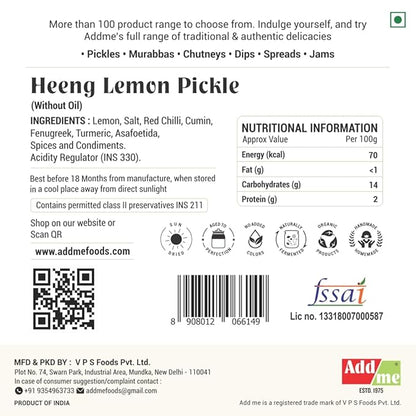 Label of Heeng Lemon Pickle with ingredients, nutritional information, and branding details.