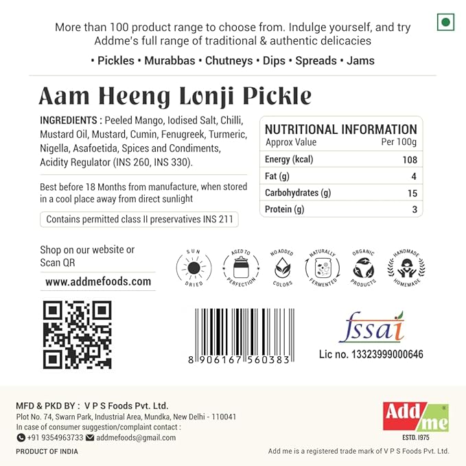 Back label of Aam Heeng Lonji Pickle with ingredients, nutritional information, and branding details.