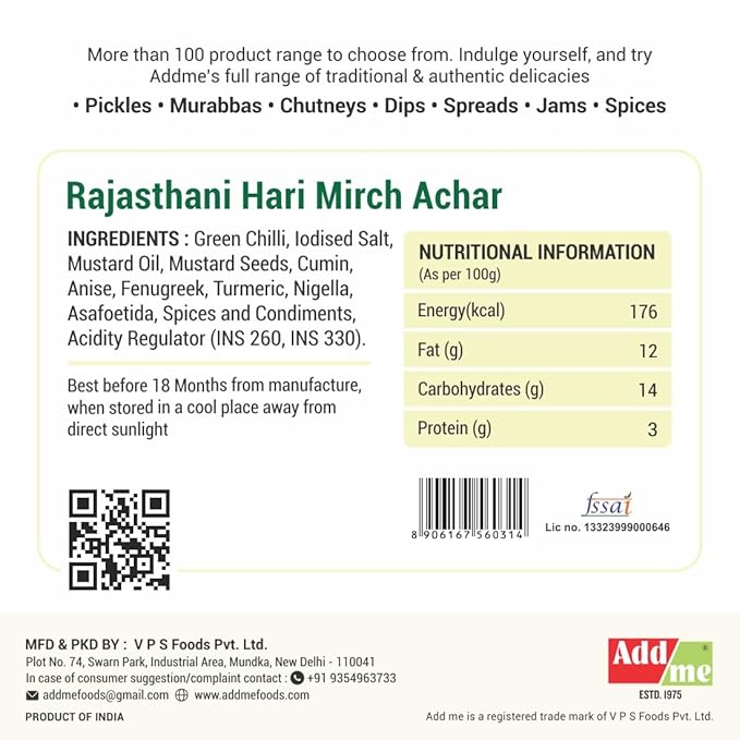 Add Me Foods: Nutritional information and ingredient list for Rajasthani Hari Mirch Achar on a white background with Addme branding.