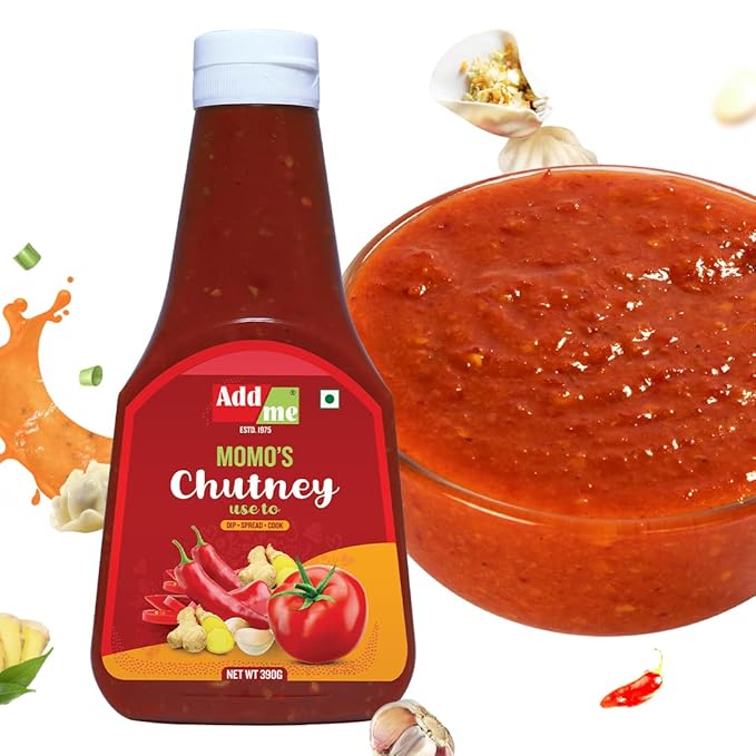 Bottle of Add Love Momo's Chutney with a bowl of chutney on a white background