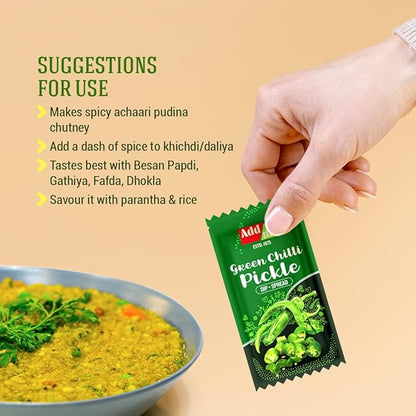 Add Me Foods: Green chili pickle packet with suggestions for use on a beige background