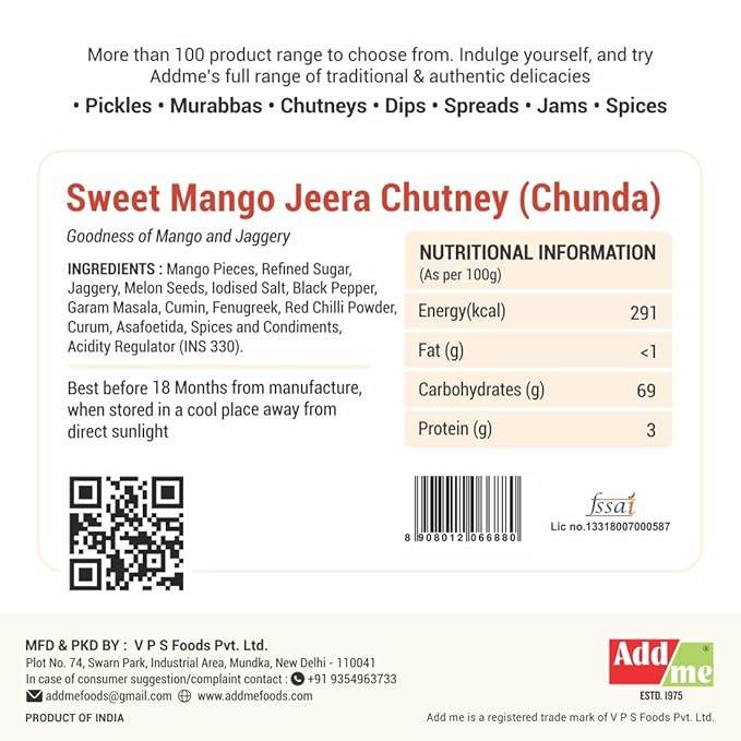 Back of a product packaging for Sweet Mango Jeera Chutney with nutritional information and branding details.