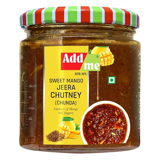 Jar of Add Me Sweet Mango Jeera Chutney with a colorful lid on a white background