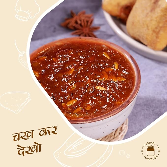 Bowl of red sauce with text and branding on a beige background