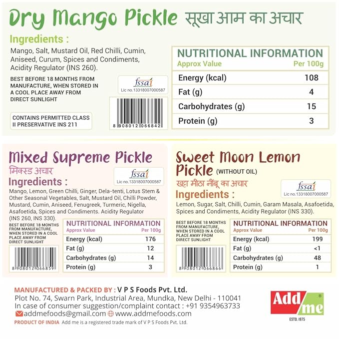 Labels for Dry Mango Pickle, Mixed Supreme Pickle, and Sweet Moon Lemon Pickle with ingredients and nutritional information.