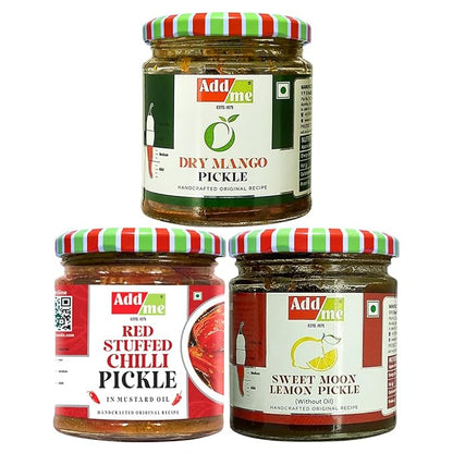 Three jars of Add Me pickles with colorful lids on a white background