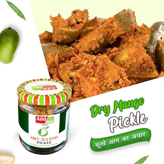 Dry mango pickle jar with text and a green mango on a white background