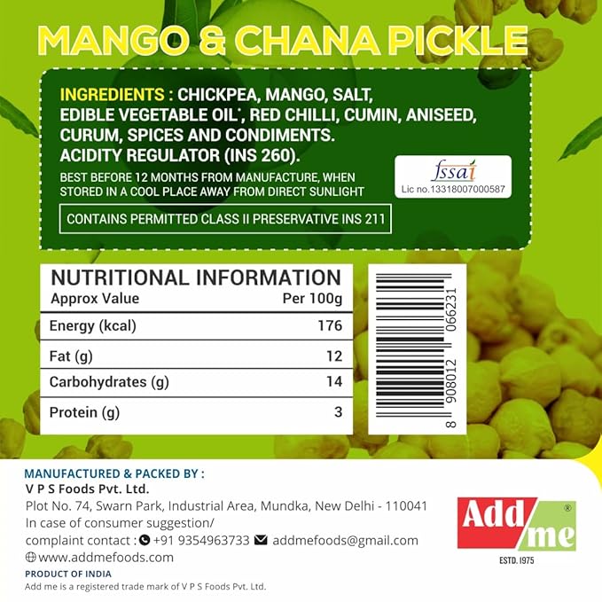 Mango & Chana Pickle label with ingredients, nutritional information, and branding on a green background.