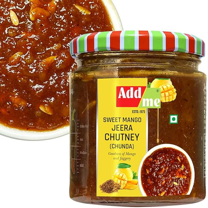 Jar of Add Me Sweet Mango Chutney with a colorful lid, next to a bowl of chutney.