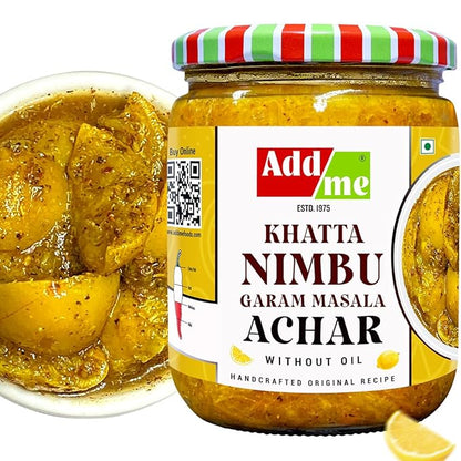 Jar of Addme Khatta Nimbu Garam Masala Achar with a close-up of the pickle on a white background