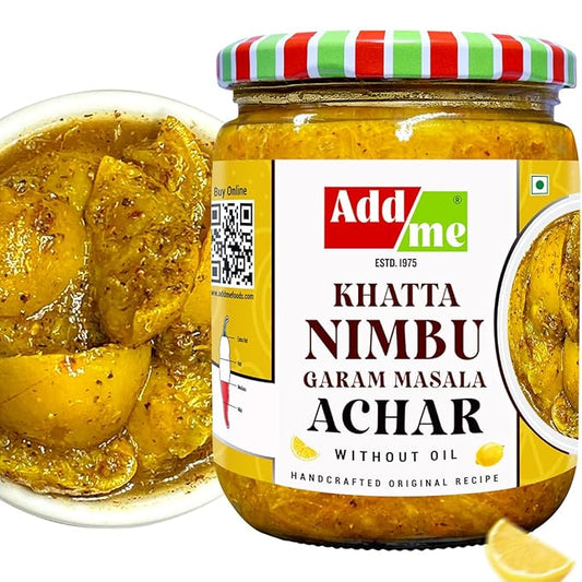 Jar of Addme Khatta Nimbu Garam Masala Achar with a close-up of the pickle on a white background