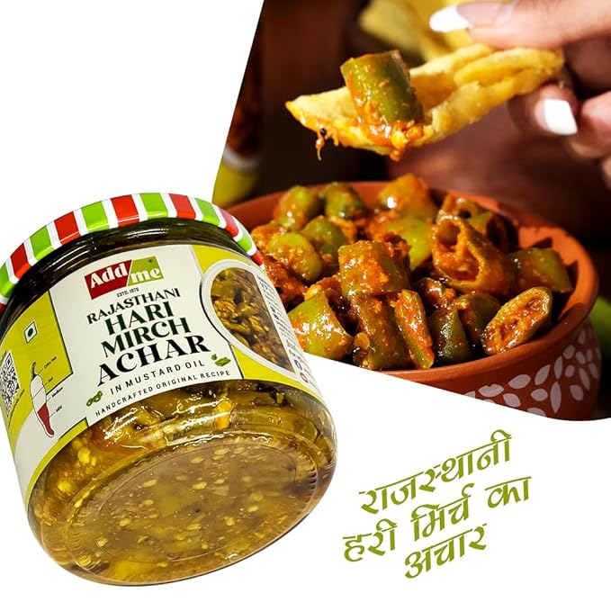 Add Me Foods: Jar of 'Rajasthani Hari Mirch Acchar' with a bowl of green chilies and chips.