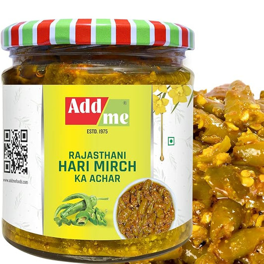 Jar of Add Me Rajasthani Hari Mirch Ka Achar with a close-up of the pickle on a white background
