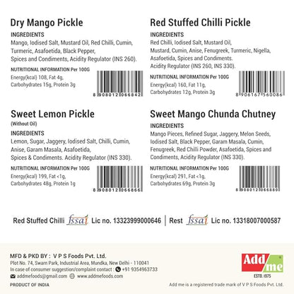 Back of a product packaging with ingredient lists, barcodes, and nutritional information for various pickles and chutneys.