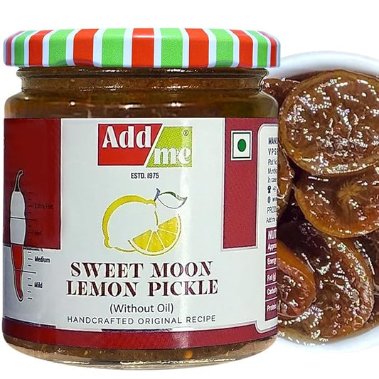 Jar of Add Me Sweet Moon Lemon Pickle with a striped lid and lemon slice label.