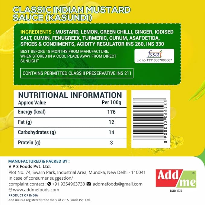 Label of Classic Indian Mustard Sauce with ingredients, nutritional information, and branding details.