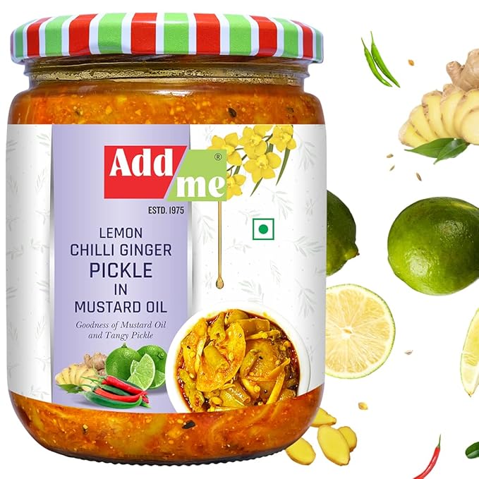 Jar of Add Me lemon chilli ginger pickle with ingredients on a white background