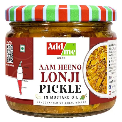 Jar of Aam Heeng Lonji Pickle with Add Me branding on a white background
