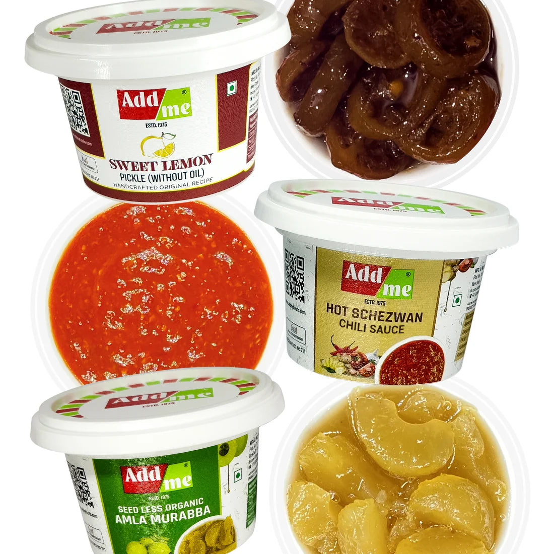 Add Me gift pack

Flavourful pickle gift set

Add Me 7-in-1 pickle pack

Dry mango pickle gift

Sweet mango chutney pack

Rajasthani hari mirch achar

Lemon pickle gift

Seedless amla murabba

Mixed pickle pack

Hot Schezwan sauce gift