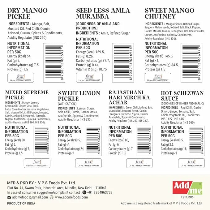 Product labels for various food items with ingredients and nutritional information on a white background.