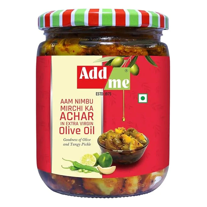 Jar of Add me Aam Nimbu Mirchi Ka Achar with a red label on a white background