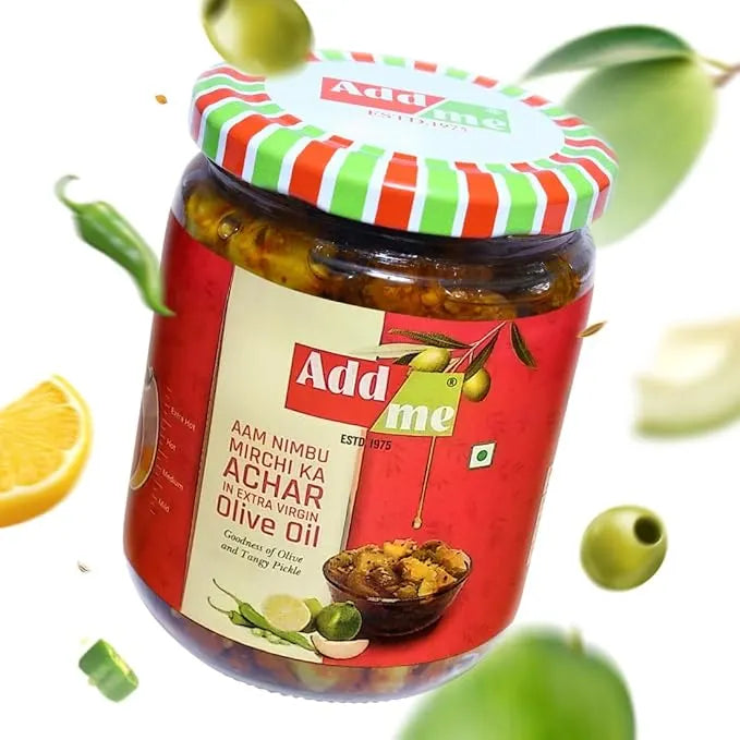 Jar of Add me Aam Nimbu Mirchi Ka Achar with a colorful lid on a white background