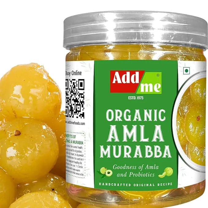 Add Me Foods: Jar of Add Me Organic Amla Murabba with a close-up of amla fruits on a white background