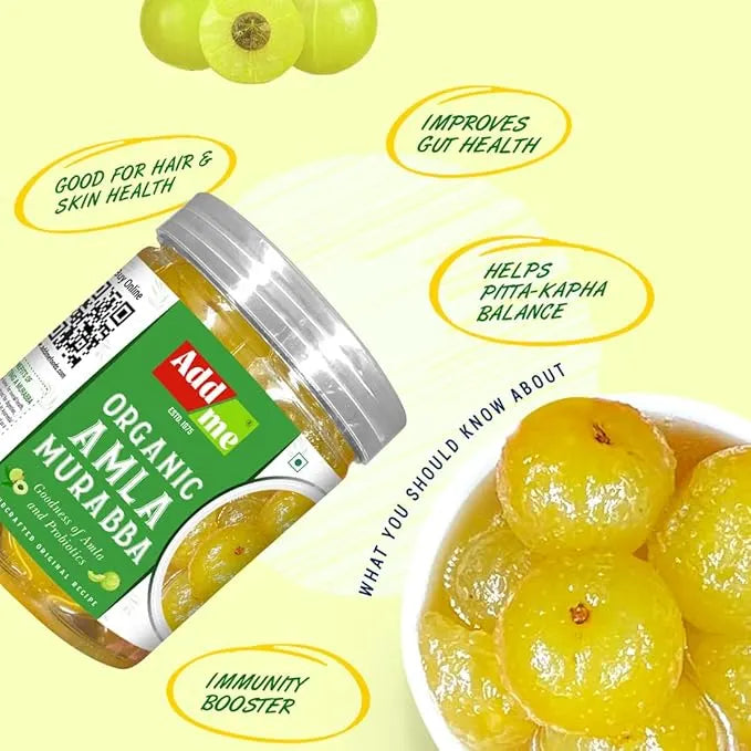 Add Me Foods: Jar of Add Me Organic Amla Murabba with text highlighting benefits on a light green background
