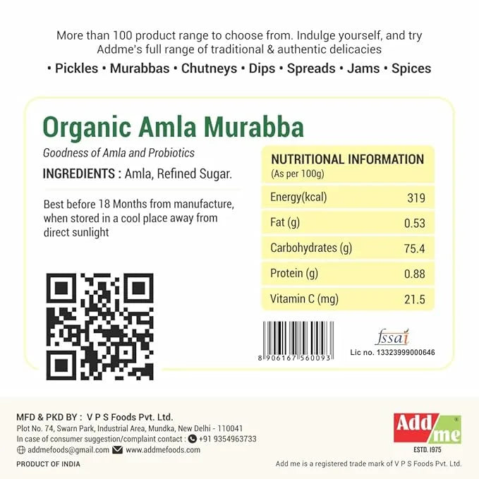 Add Me Foods: Label of Organic Amla Murabba with nutritional information and Addme branding.