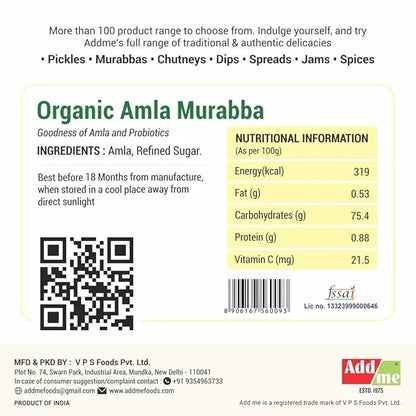 Add Me Foods: Label of Organic Amla Murabba with nutritional information and Addme branding.