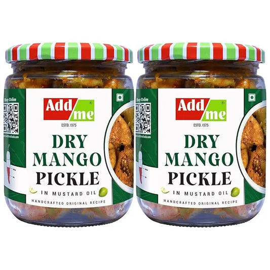 Two jars of Add me Dry Mango Pickle on a white background.mango pickle, sukha aam ka achar