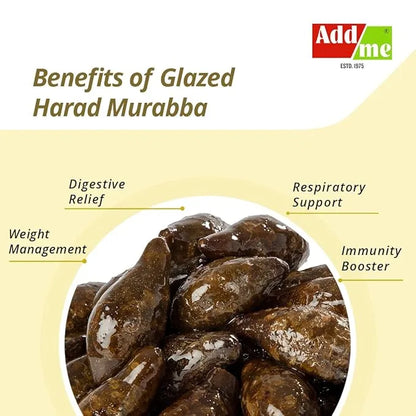 Add Me Foods: Glazed Harad Murabba with health benefits listed on a beige background