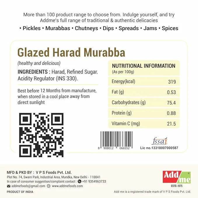 Add Me Foods: Nutritional information label for Glazed Harad Murabba with ingredients and Addme branding.