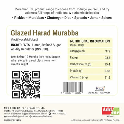 Add Me Foods: Nutritional information label for Glazed Harad Murabba with ingredients and Addme branding.