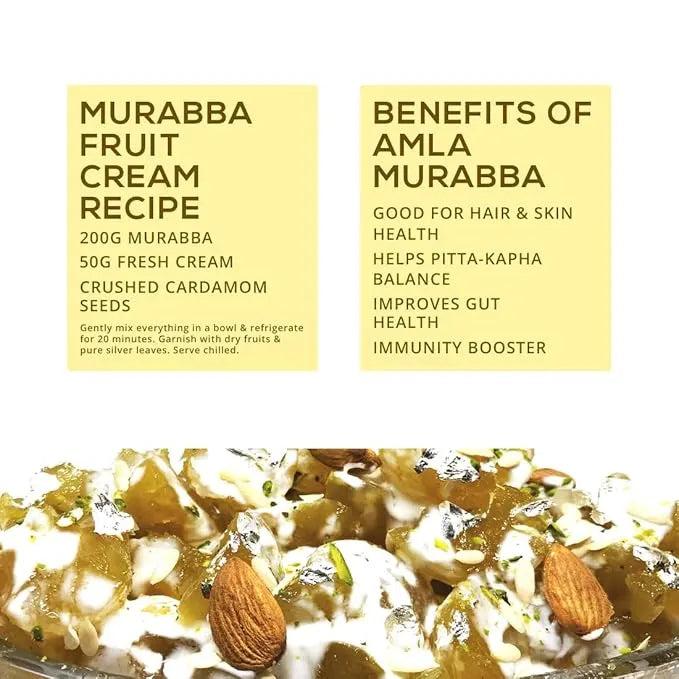 Recipe card for Murabba Fruit Cream with ingredients and benefits listed. kesar amla murabba
