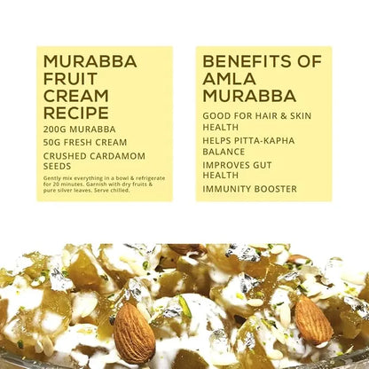 Recipe card for Murabba Fruit Cream with ingredients and benefits listed. kesar amla murabba