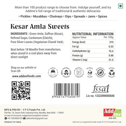 Back of a Kesar Amla Sweets packaging with nutritional information, ingredients, and branding details. kesar amla murabba