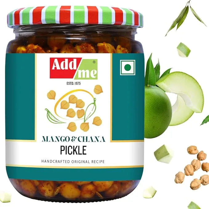 Jar of Add me Mango & Chana Pickle with green apples and chickpeas on a white background