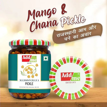 Jar of Addme Mango & Chana Pickle with decorative plate on a wooden surface