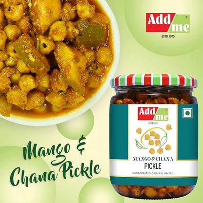Jar of Add Me Mango & Chana Pickle with a bowl of pickle on a green background
