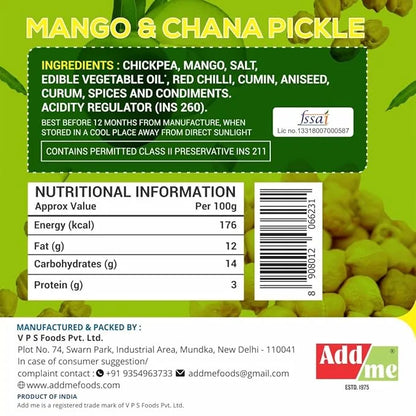 Mango & Chana Pickle label with ingredients, nutritional information, and branding on a green background.