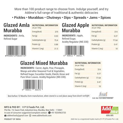 Product label with ingredients and nutritional information for Glazed Amla Murabba, Glazed Apple Murabba, and Glazed Mixed Murabba.