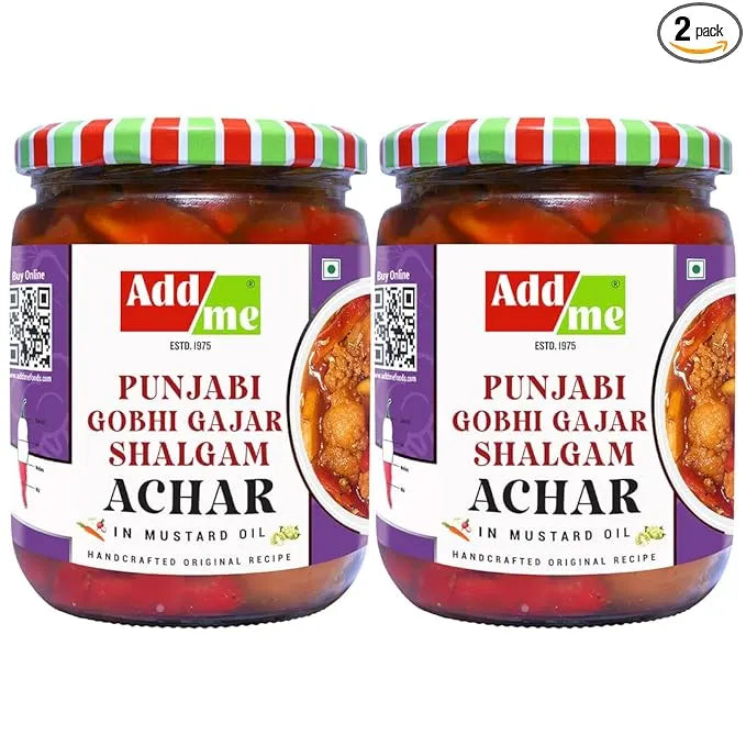 Two jars of Add Me Punjabi Gobhi Gajar Shalgam Achar on a white background. punjabi mix achar