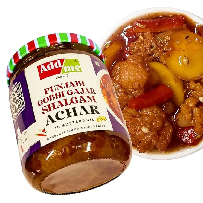 Jar of Add Me Punjabi Gobhi Gajar Shalgam Achar with a dish of the pickled vegetables. punjabi mix achar