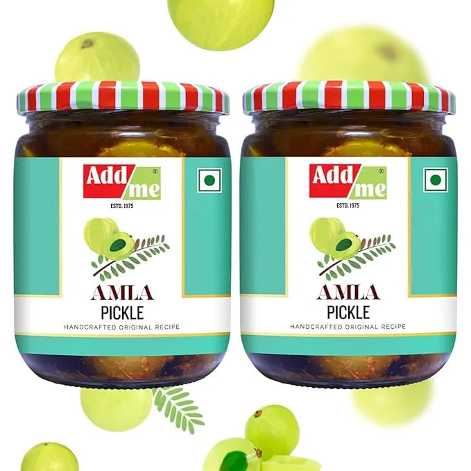 Two jars of Add Me Amla Pickle with amla fruits on a white background. Seedless Amla Pickle 