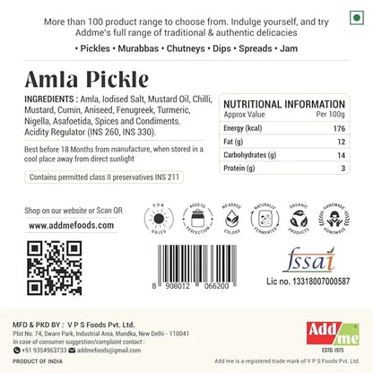 Amla Pickle label with ingredients, nutritional information, and Addme branding. Seedless Amla Pickle 