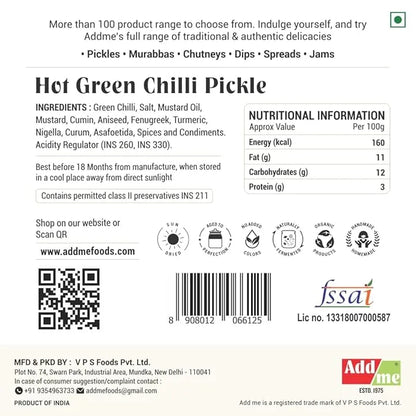Label of Hot Green Chilli Pickle with ingredients, nutritional information, and branding details.