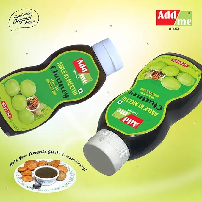 Two bottles of Add Me Apple Kimithi Chutney on a yellow background with food items.