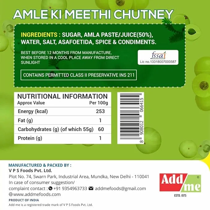 Amle Ki Meethi Chutney label with ingredients, nutritional information, and branding on a green background.